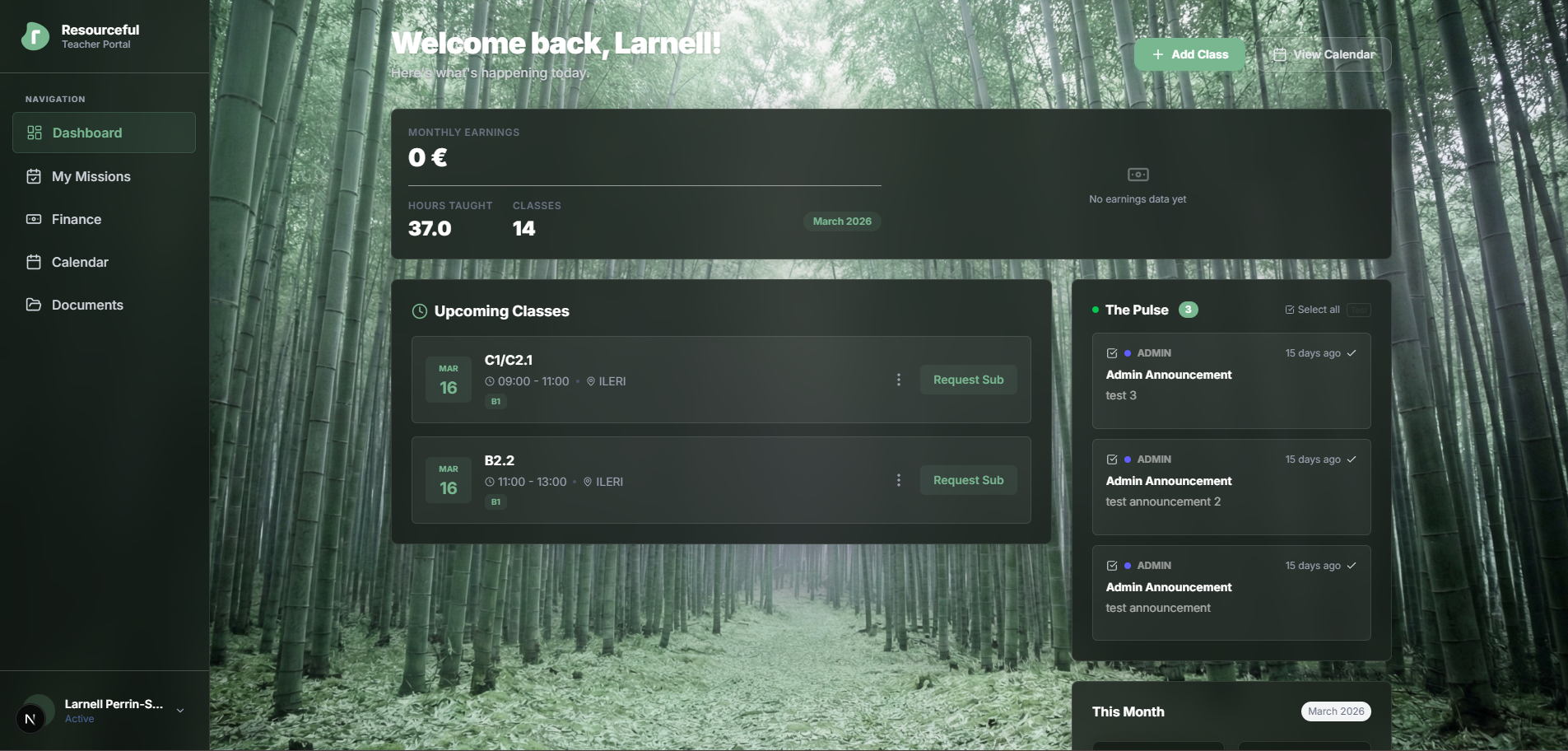 Resourceful app dashboard showing upcoming classes, earnings, and announcements